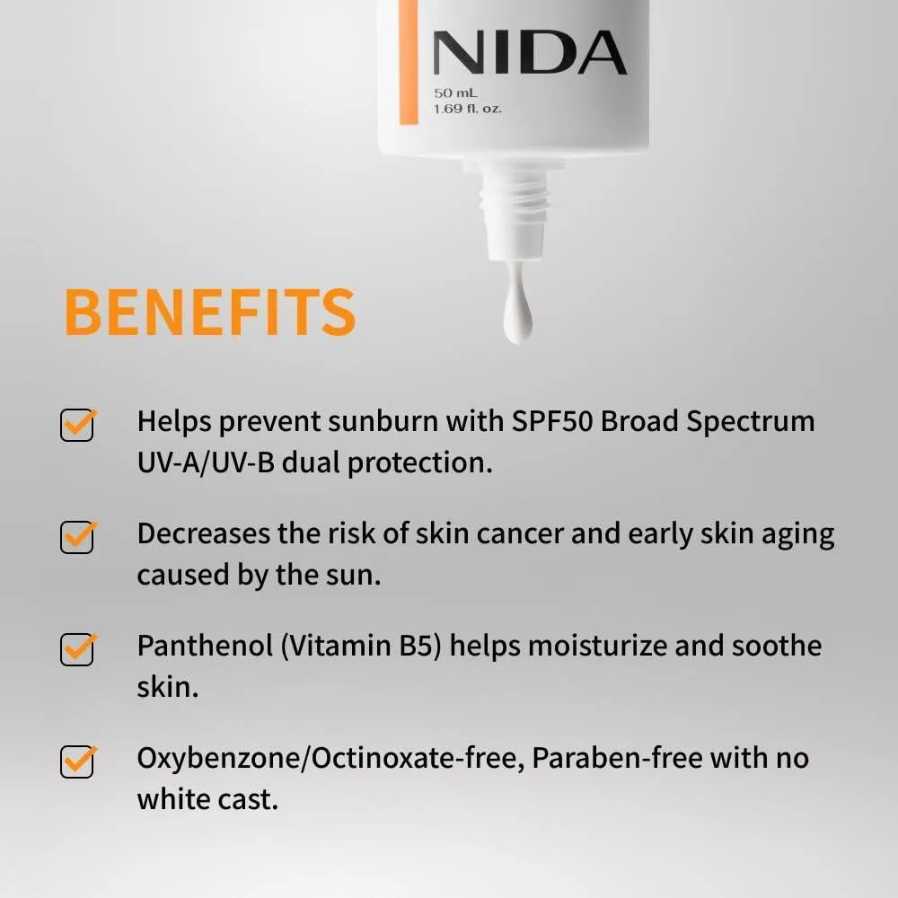 NIDA Invisible Fit Protector solar SPF 50, amplio espectro UV-A/UV-B, sin manchas blancas, ligeroy adecuado para todo tipo de piel