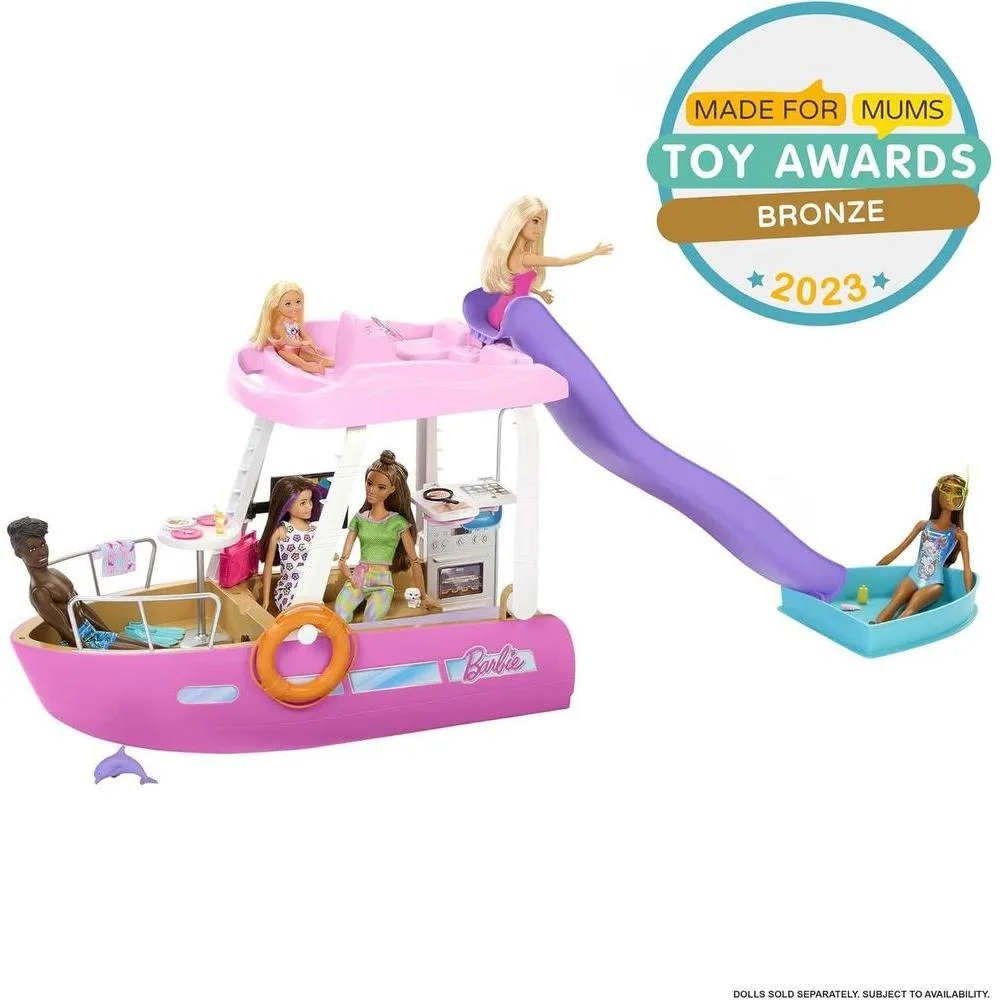 Barbie Dream Boat Playset con más de 20 accesorios temáticos oceánicos incluye tobogán, piscina y delfín