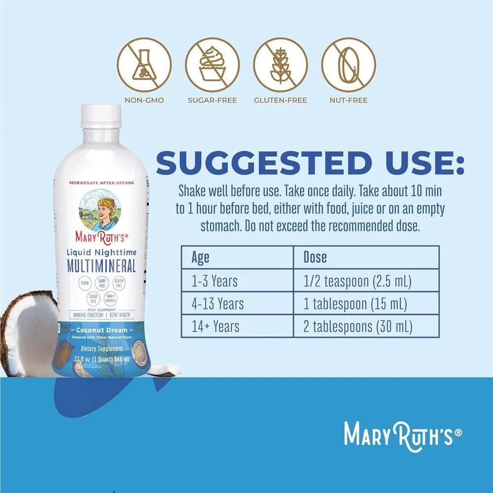 Multimineral líquido natural para dormir, vegano sin melatonina, con magnesio, calcio y vitaminas, sabor coco y sin OMG