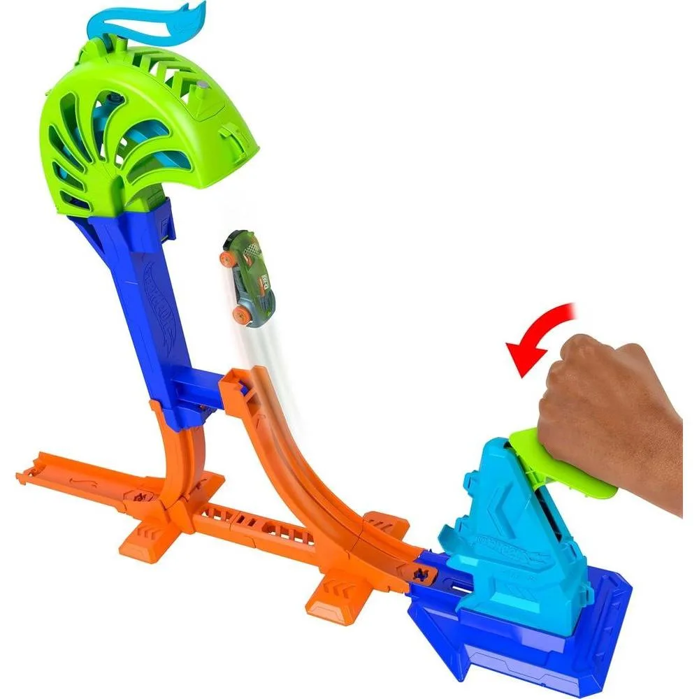 Set de pista y coche Hot Wheels Stunt Track Power Launch Champion con salto y jaula de captura, compatible con Speed Snap
