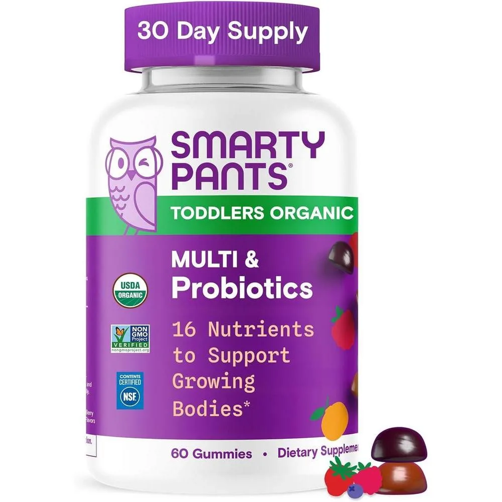 SmartyPants Organic Toddler Multivitamin Gummies: Probiotics, Omega 3 (ALA), Beta Carotene, Vitamin B12, B6, A, K & Zinc, Beta Carotene, Gluten Free, Three Fruit Flavors, 60 Count (30 Day Supply)