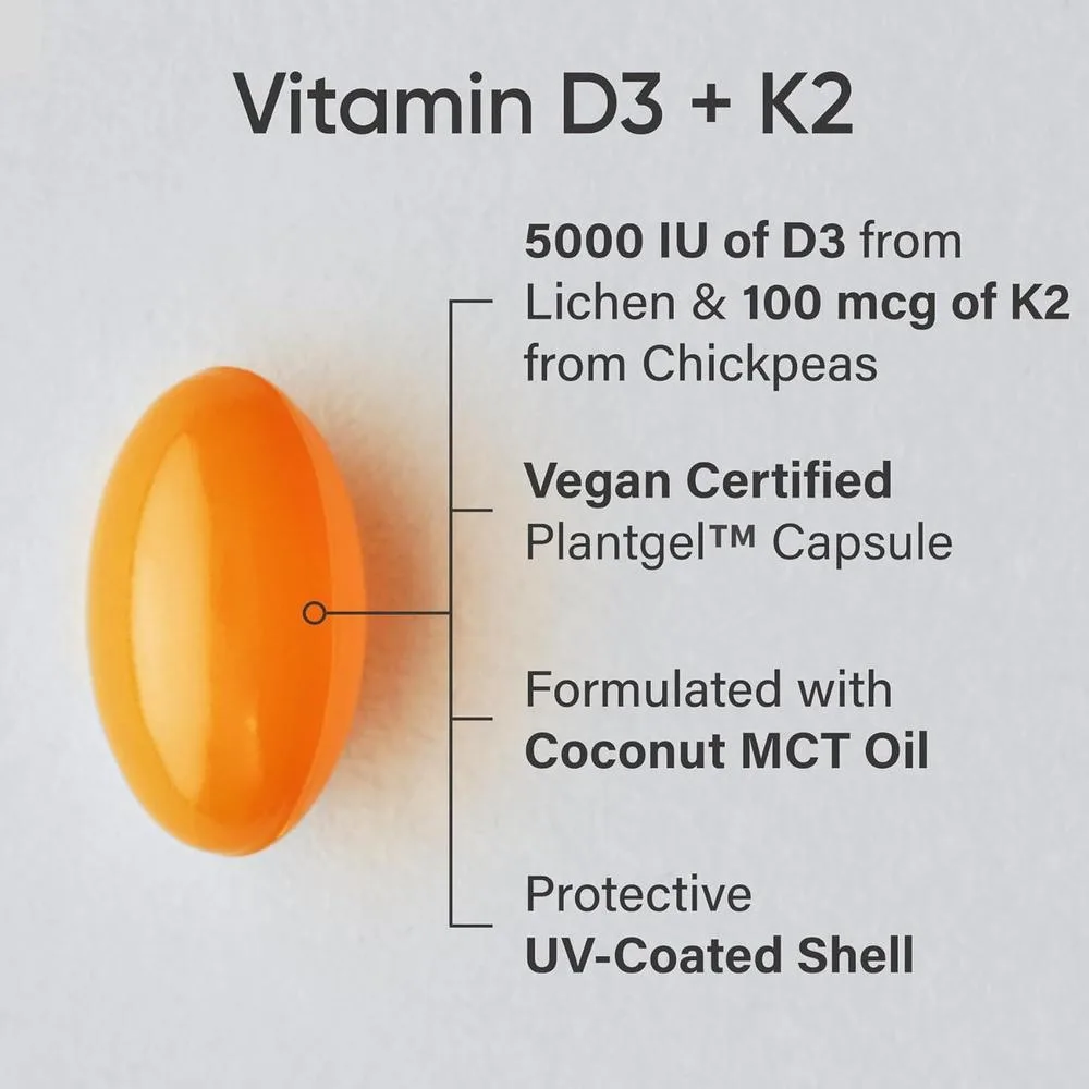 Vitaminas D3 y K2 con aceite de coco, soporte óseo e inmune, certificadas veganas, sin OGM ni soja, 60 cápsulas blandas