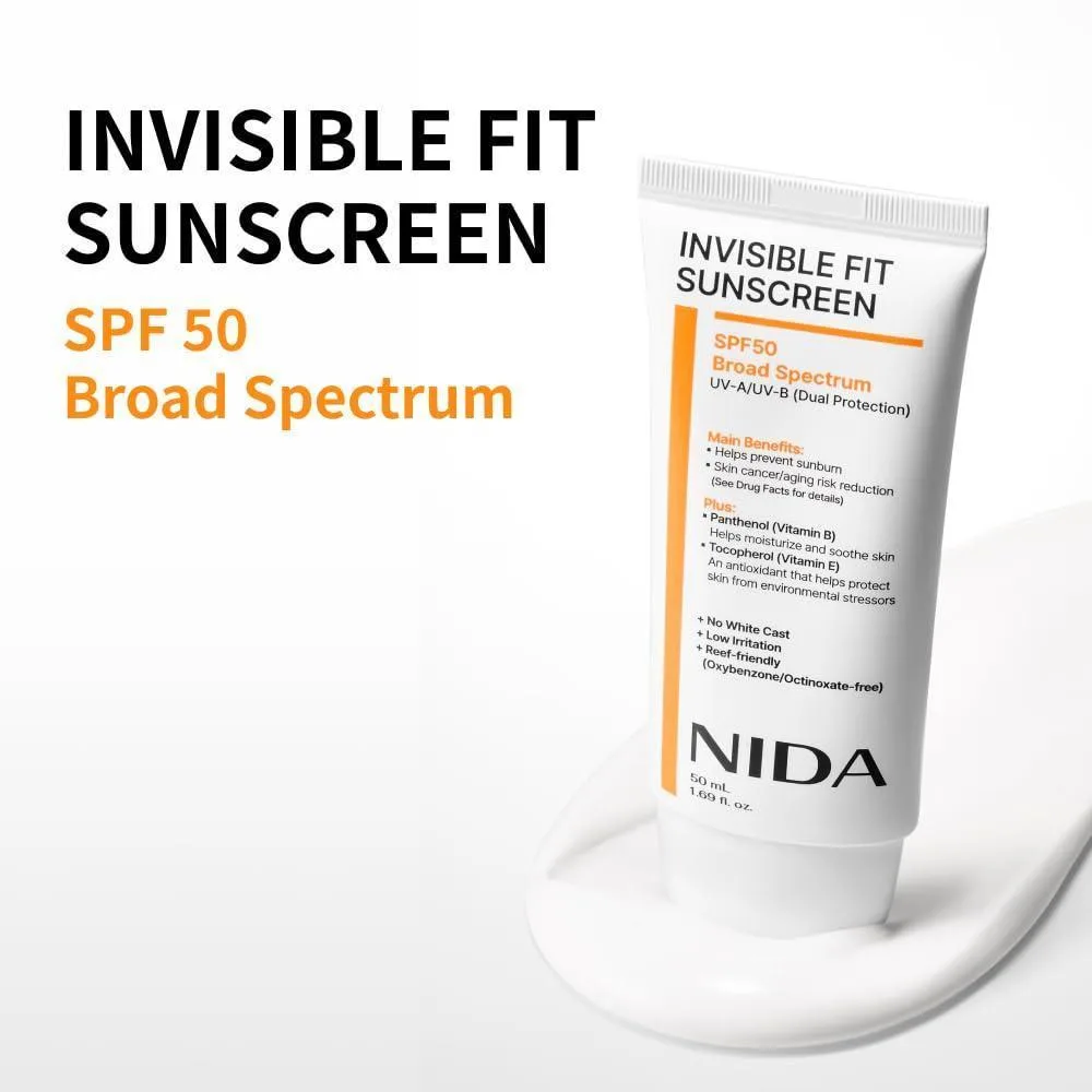 NIDA Invisible Fit Protector solar SPF 50, amplio espectro UV-A/UV-B, sin manchas blancas, ligeroy adecuado para todo tipo de piel