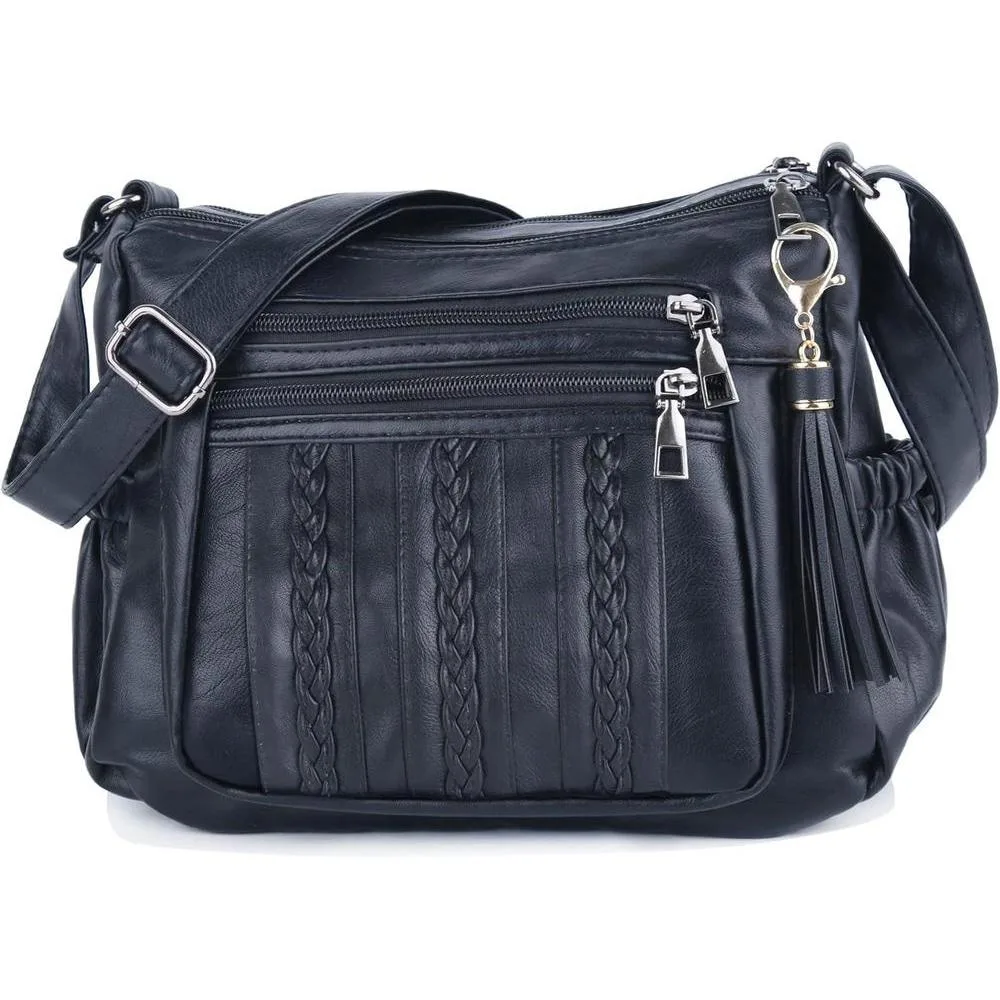 ELDA Purses for Women Pocketbooks Soft PU Leather Ladies Crossbody Purse Multi Pocket Shoulder Bag (Black)