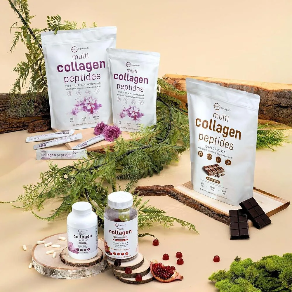 Píldoras de colágeno múltiple con biotina, ácido hialurónico y complejo de vitamina C. Sin OMG ni rellenos. 240 cápsulas