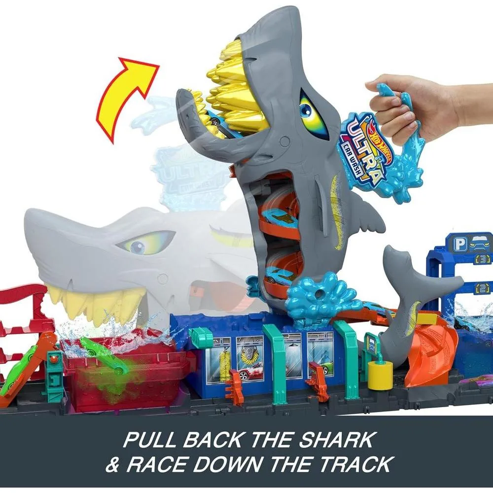 Set de pista Hot Wheels City con lavado de autos Shark Ultra, vehículo a escala 1:64 color cambiante y almacenamiento