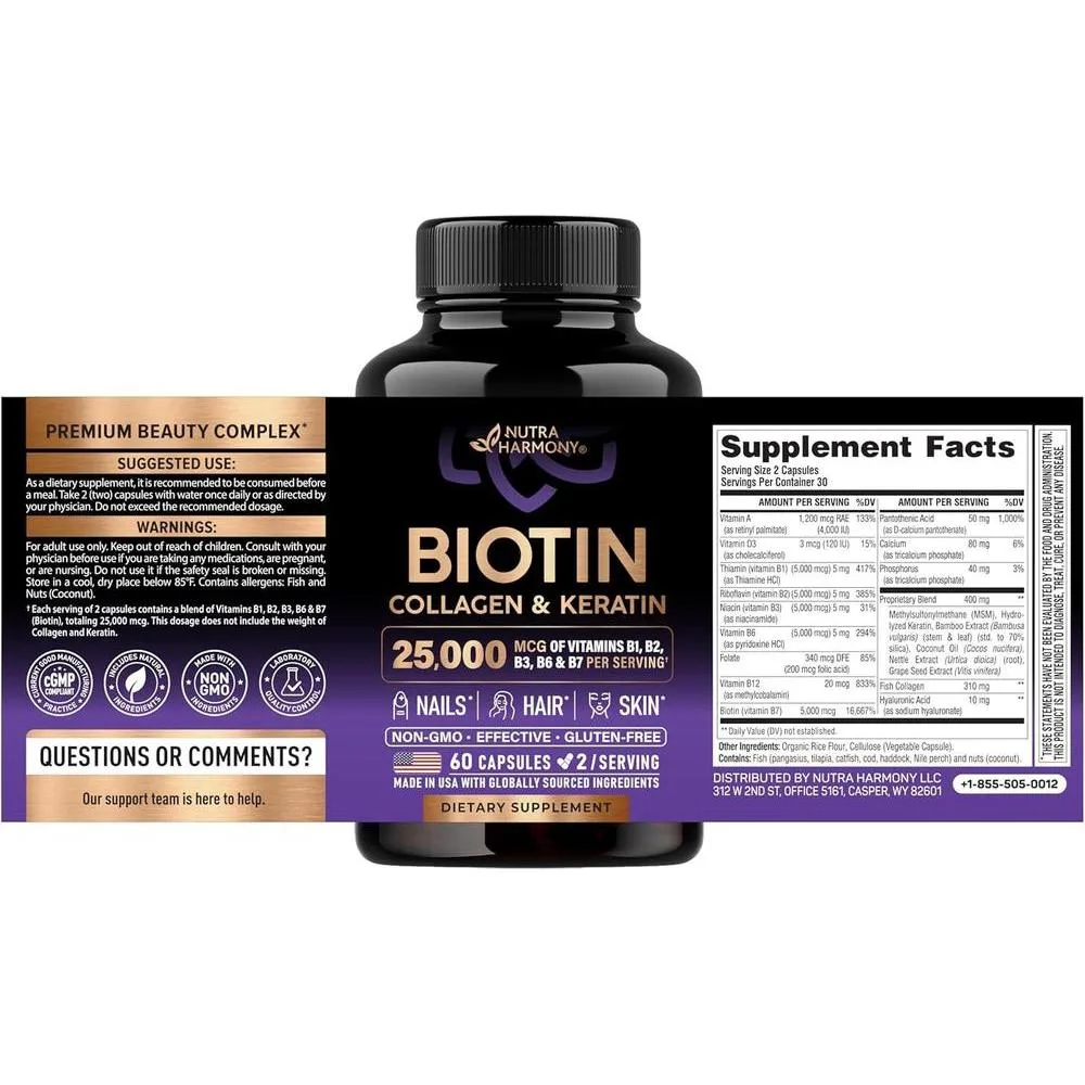 Vitaminas para Cabello, Piel y Uñas con Biotina, Colágeno, Ácido Hialurónico y Queratina para Hombres y Mujeres