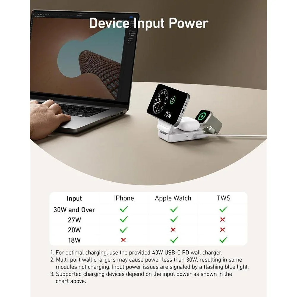 Anker MagGo Estación de Carga Inalámbrica 3 en 1 para iPhone, compatible con MagSafe, cargador plegable 15W Qi2, AirPods, Apple Watch