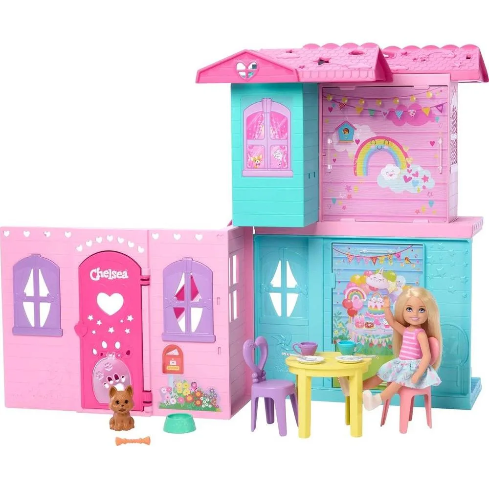 Barbie Chelsea Toy Dollhouse con 15+ accesorios, casa pop-up con 5 áreas de juego y tobogán, incluye muñeca y perro mascota