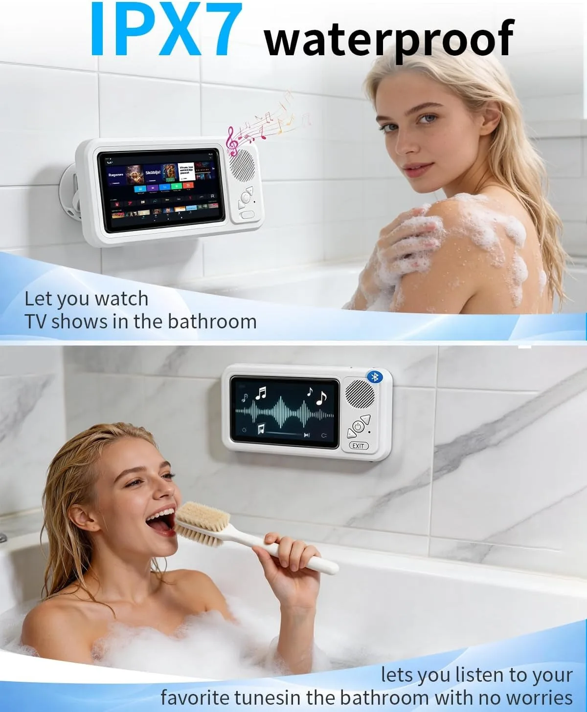 Waterproof Shower Phone Holder for iPhone, Bathroom Fan with Speaker