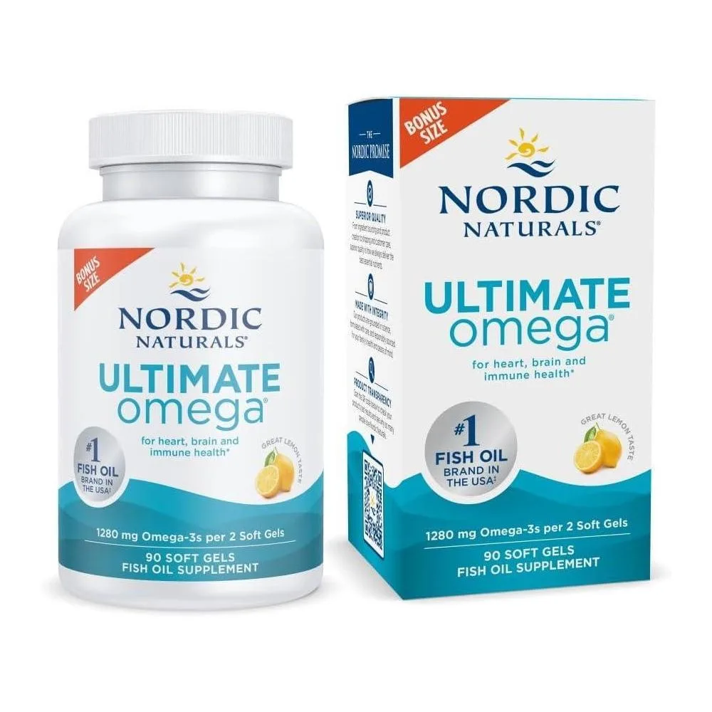 Nordic Naturals Ultimate Omega, Lemon Flavor - 90 Soft Gels - 1280 mg Omega-3 - High-Potency Omega-3 Fish Oil Supplement with EPA & DHA - Promotes Brain & Heart Health - Non-GMO - 45 Servings