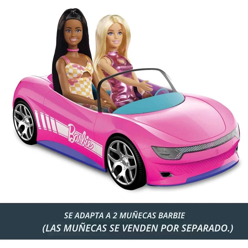 Coche RC Hot Wheels Barbie Convertible Rosa, para 2 Muñecas Barbie y Maletero que Abre, con Hoja de Pegatinas