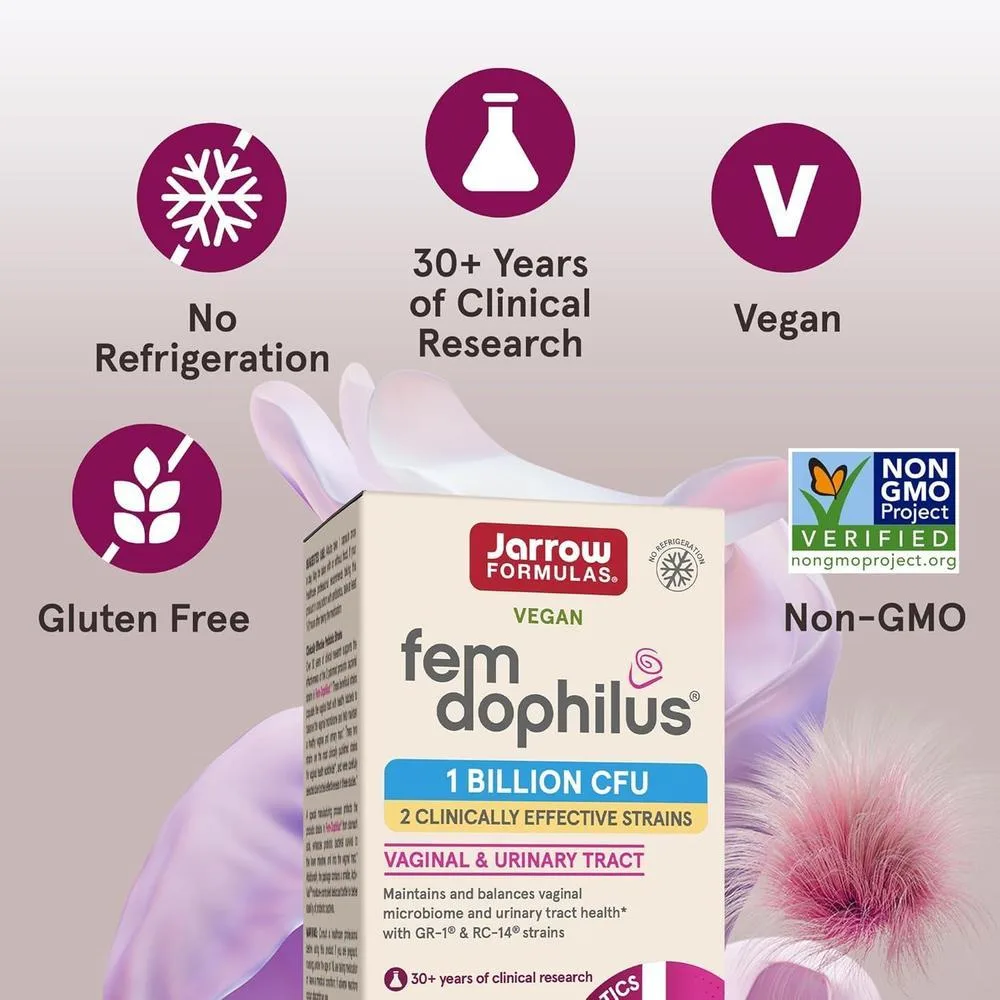 Jarrow Formulas Fem-Dophilus con 1 mil millones de UFC y 2 cepas científicas, suplemento para apoyo del tracto vaginal y urinario