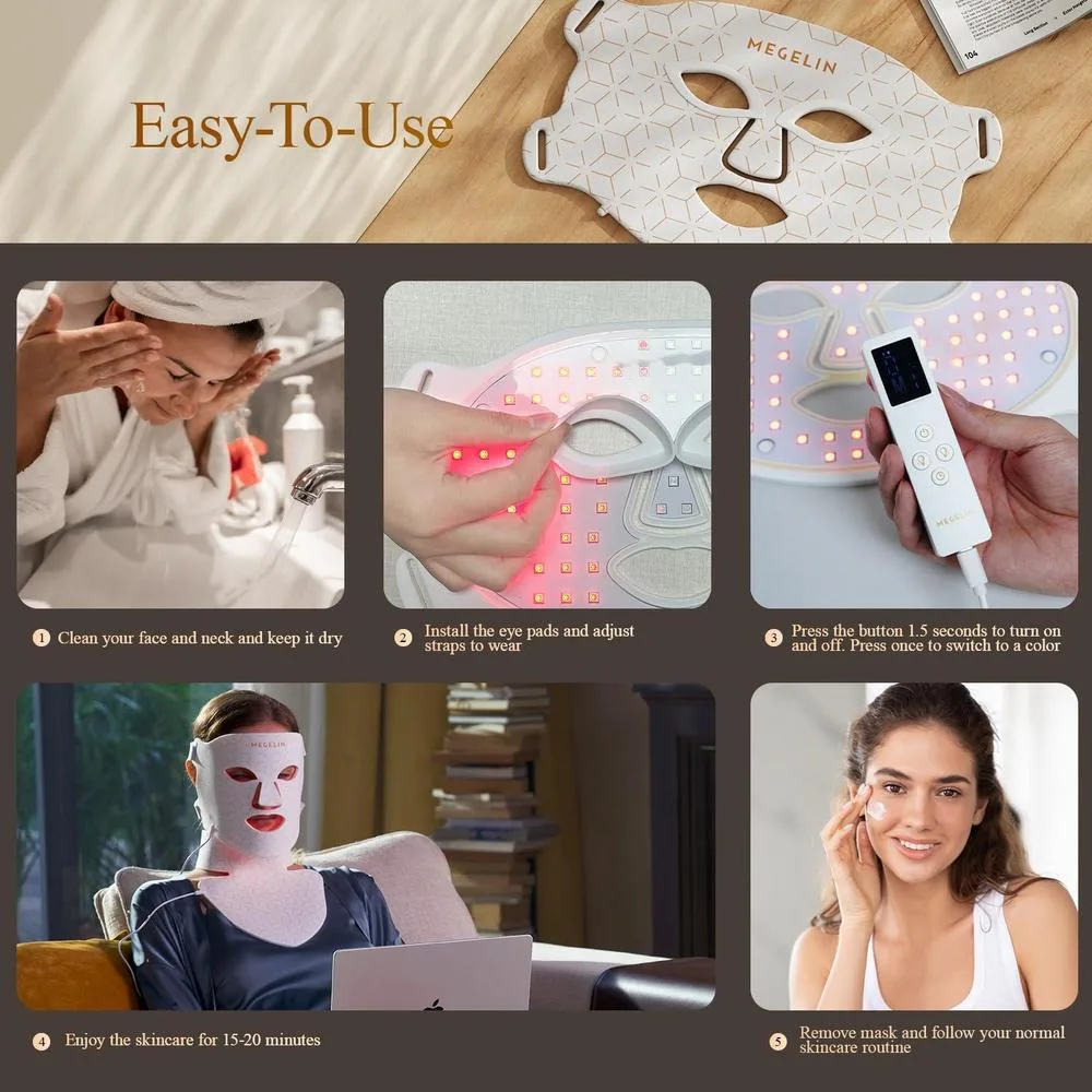 Máscara Facial Y De Cuello Megelin Terapia De Luz Led Roja, 7 Colores, Para Rejuvenecimiento De La Piel Blano