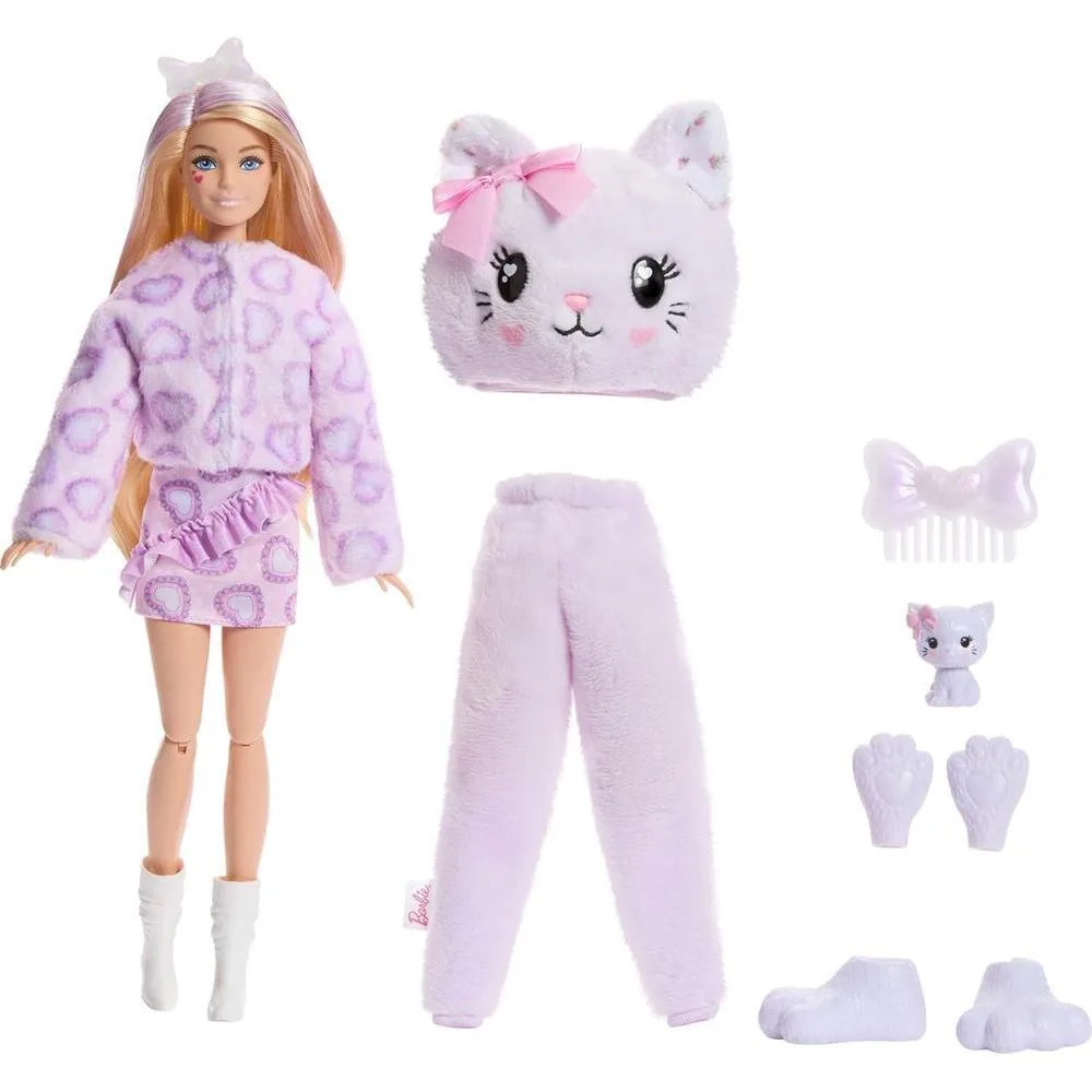 Barbie Cutie Reveal, muñeca y accesorios con gatito, 10 sorpresas, cambio de color y mini mascota incluida