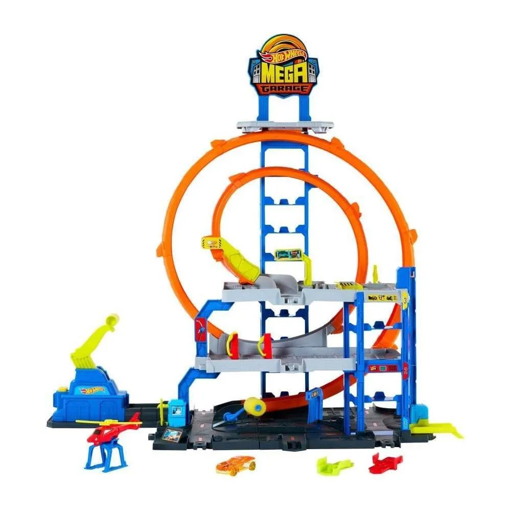 Hot Wheels Mega Loop Garage Track Set con Auto y Helicóptero de Juguete