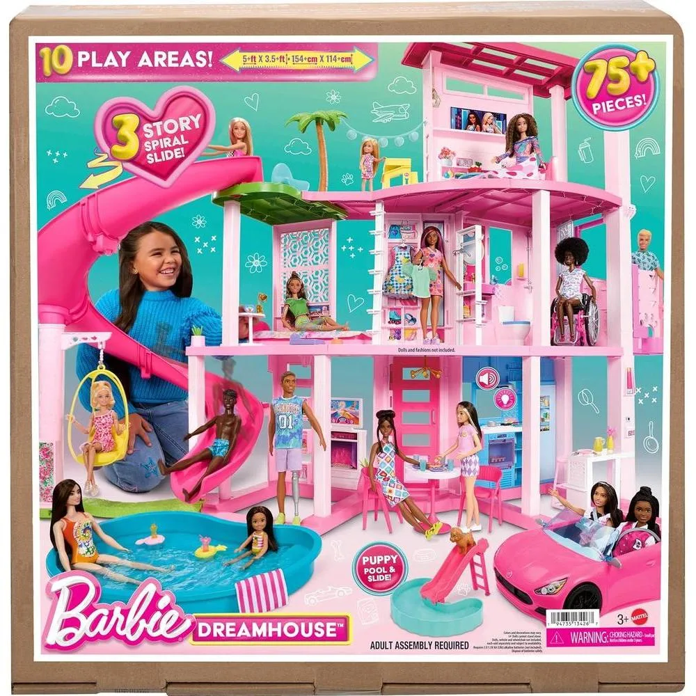 Casa de muñecas Barbie Dreamhouse con tobogán espiral, 75+ accesorios, ascensor para mascotas y zonas de juego
