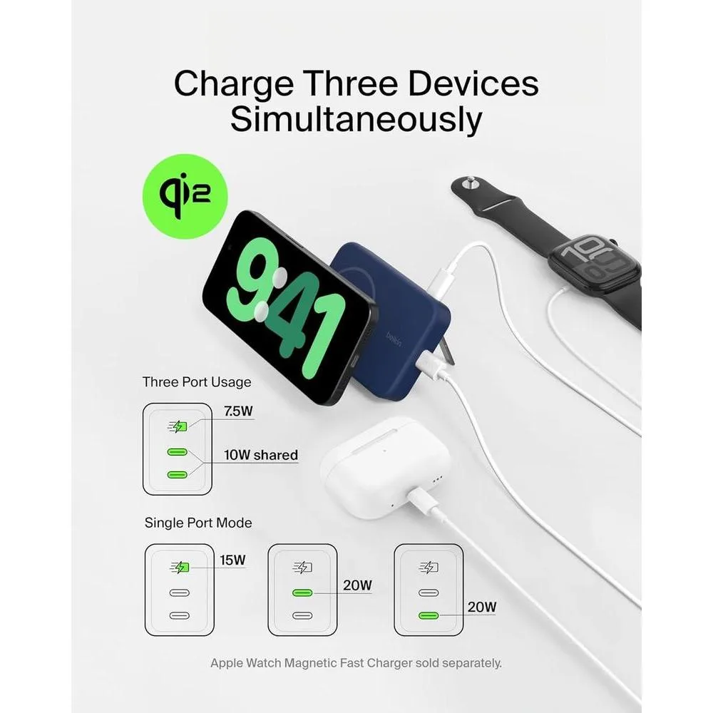 Banco de energía portátil Belkin con carga inalámbrica de 15W, MagSafe y soporte para iPhone, AirPods y Apple Watch