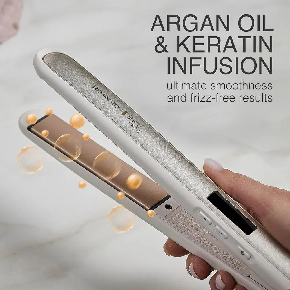 Plancha Remington Shine Therapy infundida con aceite de argán y queratina para un acabado profesional y sin encrespamientos