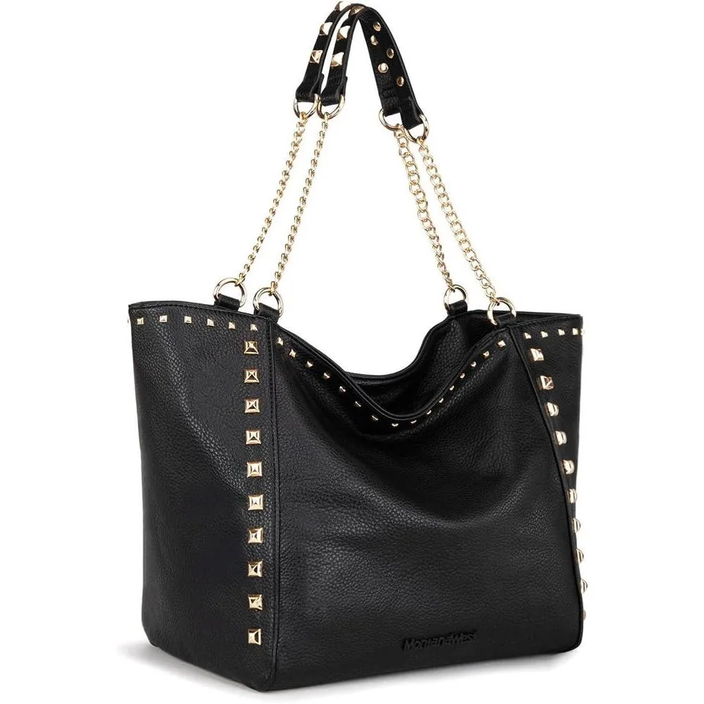 Montana West Oversized Tote Bag for Women Large Capacity Travel Purse Hobo Bag with Chain Handle and Rivets Decoration Black MWC-HB-2751-BK