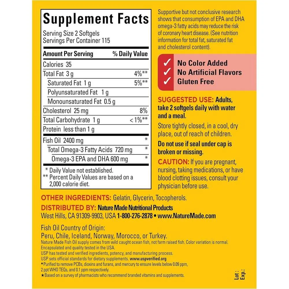 Nature Made Aceite de Pescado Omega 3, 1200 mg, Apoyo para el Corazón, 230 Cápsulas Blandas, Suministro 115 Días