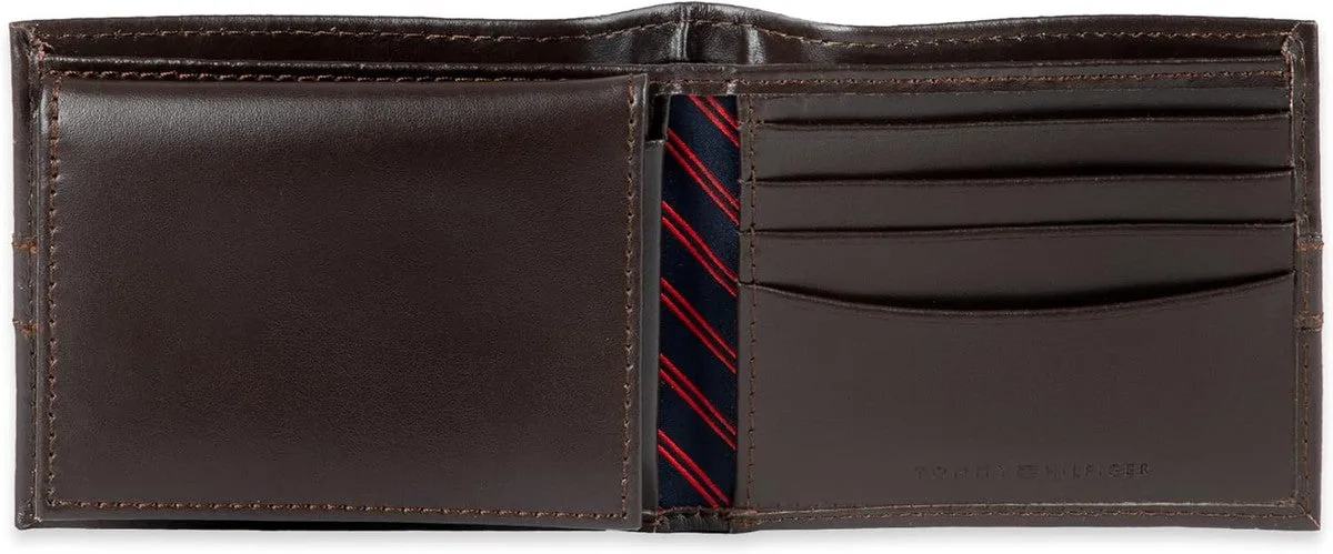 Tommy Hilfiger Men's Leather Wallet – Slim Bifold with 6 Credit Card Pockets and Removable ID Window, Casual Brown, One Size