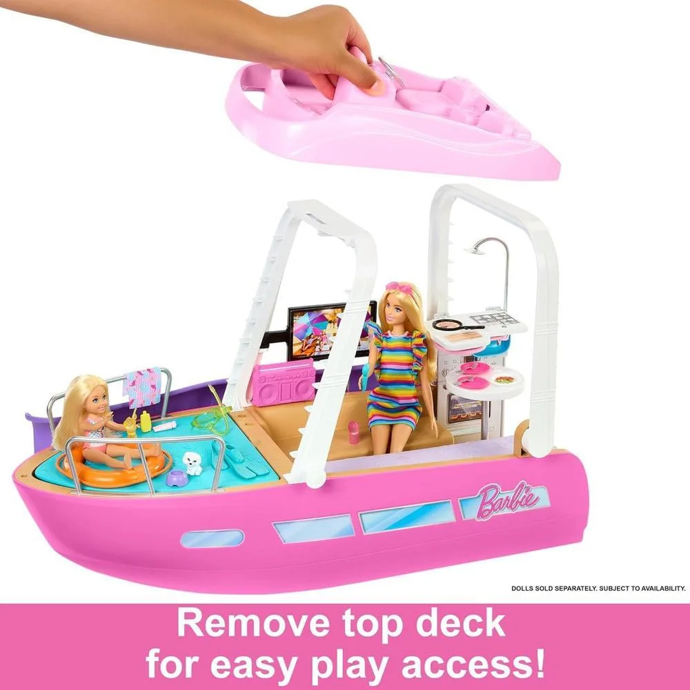 Barbie Dream Boat Playset con más de 20 accesorios temáticos oceánicos incluye tobogán, piscina y delfín