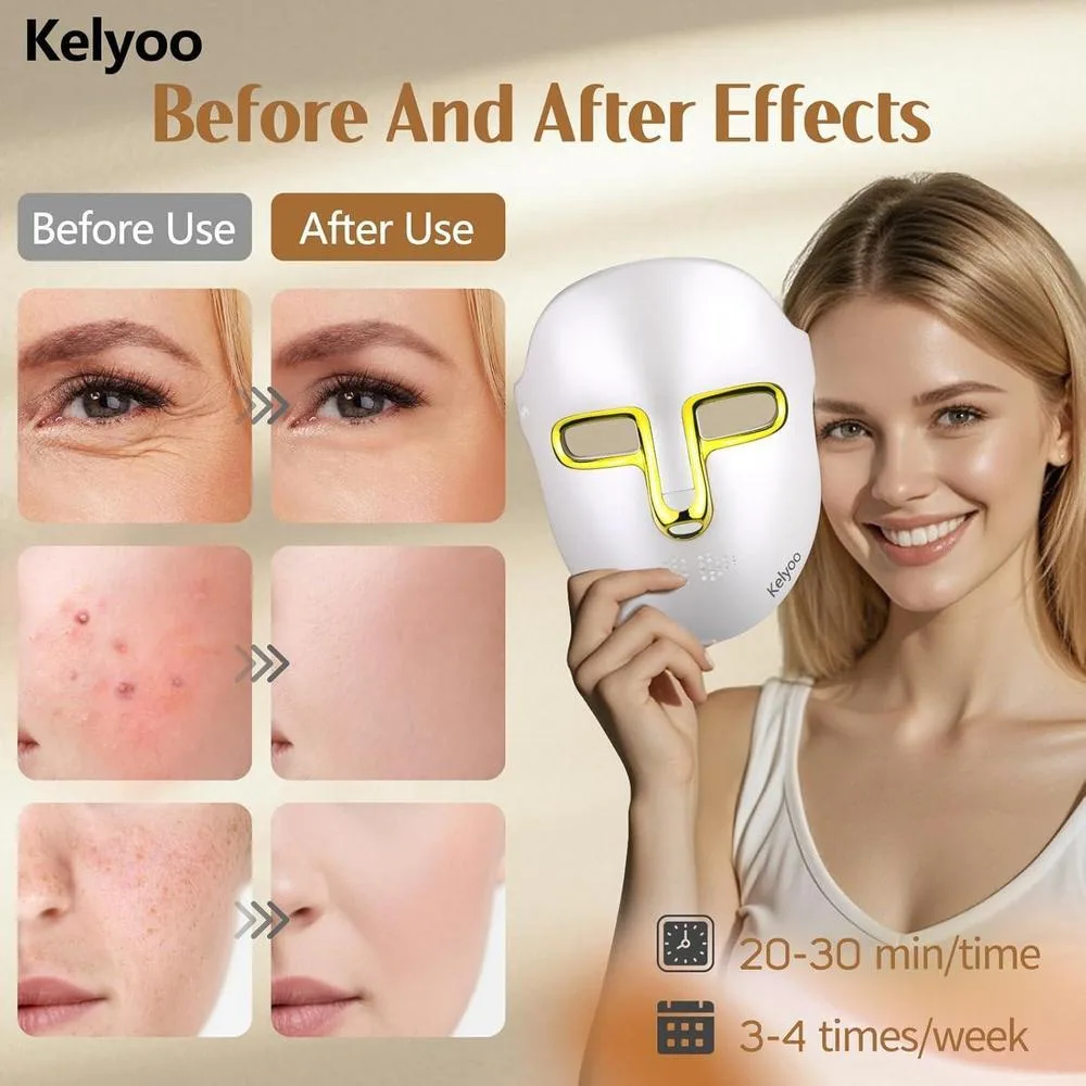 Máscara facial LED con terapia de luz roja, azul e infrarroja para reducción de arrugas, decoloración y tratamiento de acné