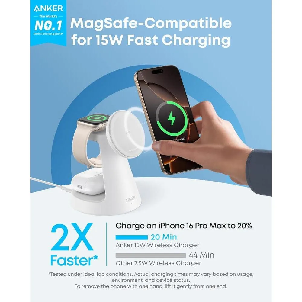 Anker MagSafe Cargador Compatible, Estación de Carga 3 en 1 MagGo, Soporte de Carga Nano para iPhone, Apple Watch y AirPods