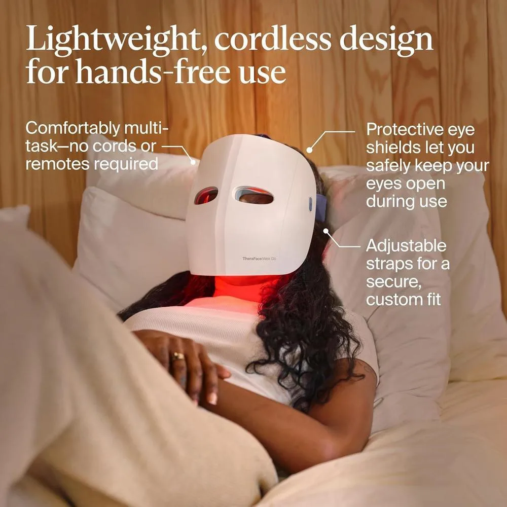 Therabody TheraFace Mask Glo, máscara LED inalámbrica para cuidado de la piel con luz roja, azul e infrarroja y masaje relajante