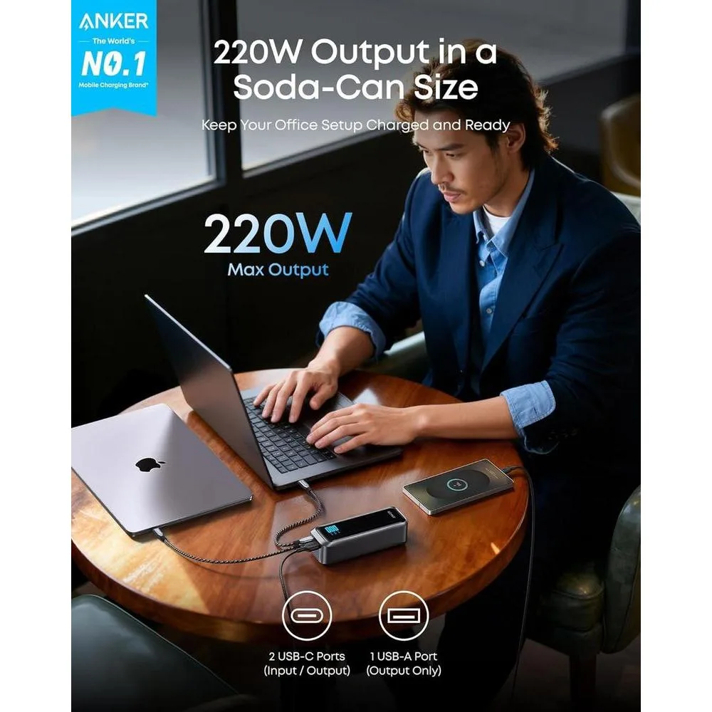 Anker Prime Power Bank con 3 puertos, 220W de salida, carga bidireccional, TSA aprobado, control de app - para MacBook, iPhone y más