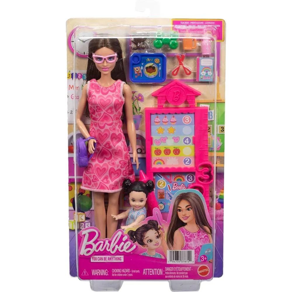 Set Barbie Careers Teacher con muñeca, tabla de lecciones, niña y accesorios para explorar roles educativos