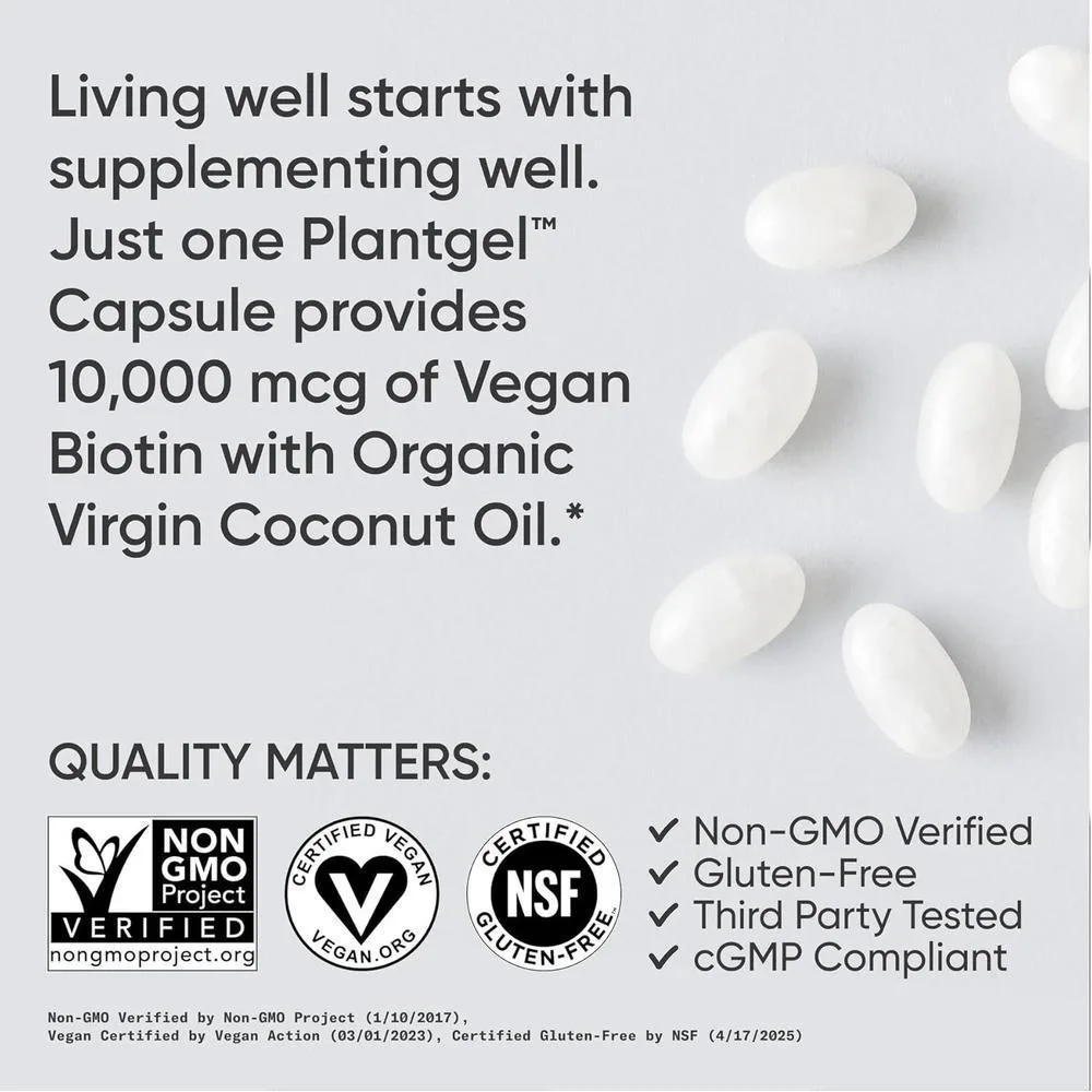 Biotina con aceite de coco para piel y cabello, no transgénicos, sin gluten, 120 minicápsulas vegetarianas