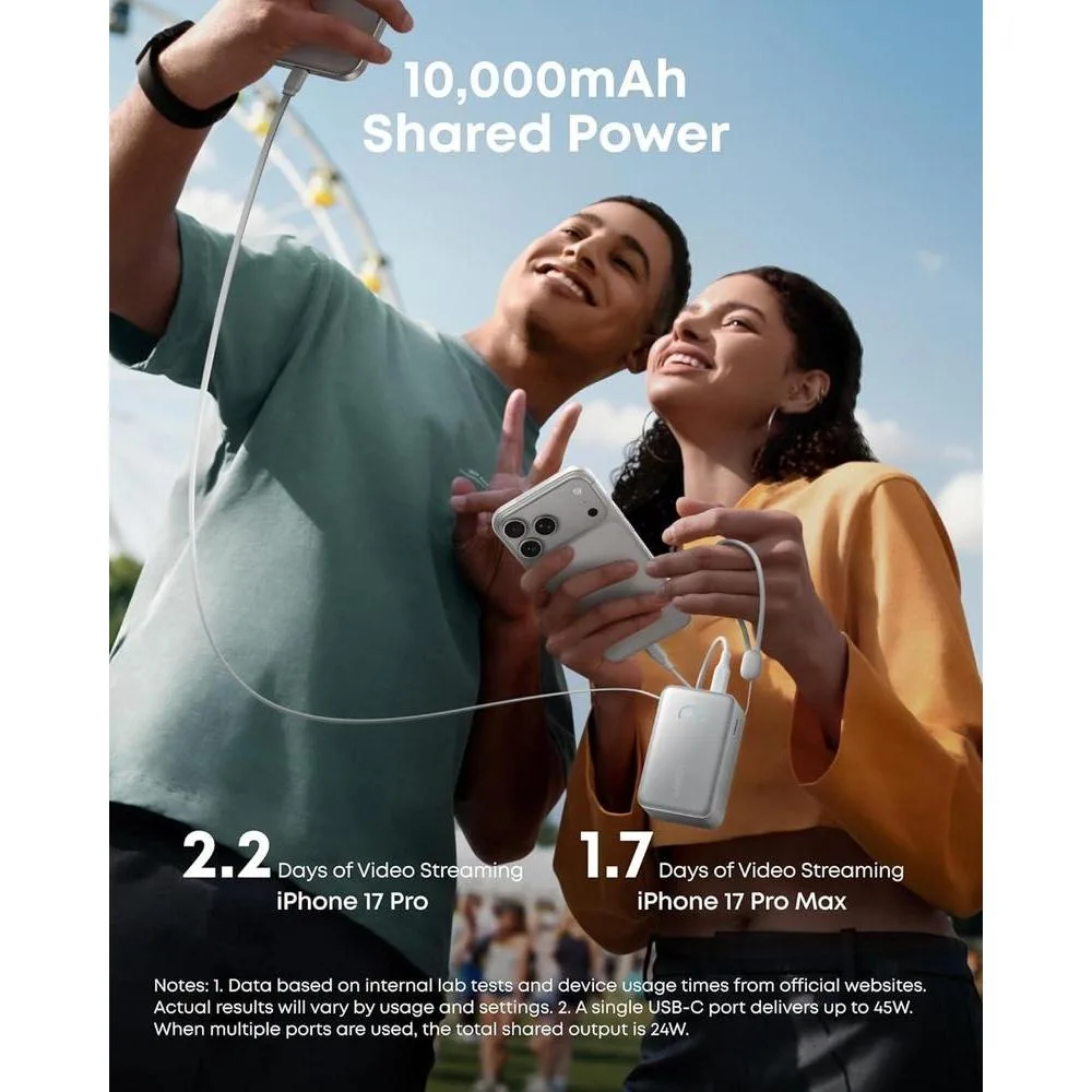 Cargador Portátil Anker Nano, Banco de Energía Compacto de 10,000mAh 45W, Paquete de Batería Esencial para Teléfono con Cable Retráctil InstaCord