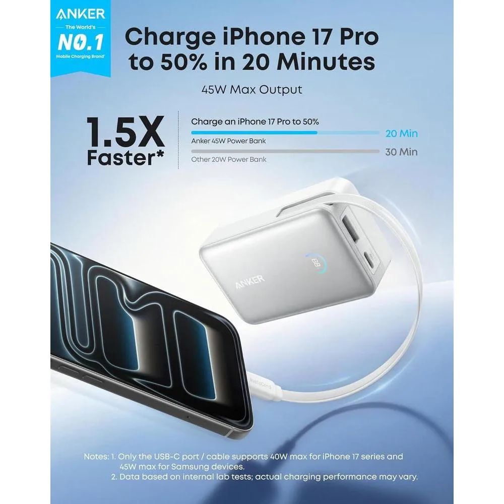 Cargador Portátil Anker Nano, Banco de Energía Compacto de 10,000mAh 45W, Paquete de Batería Esencial para Teléfono con Cable Retráctil InstaCord