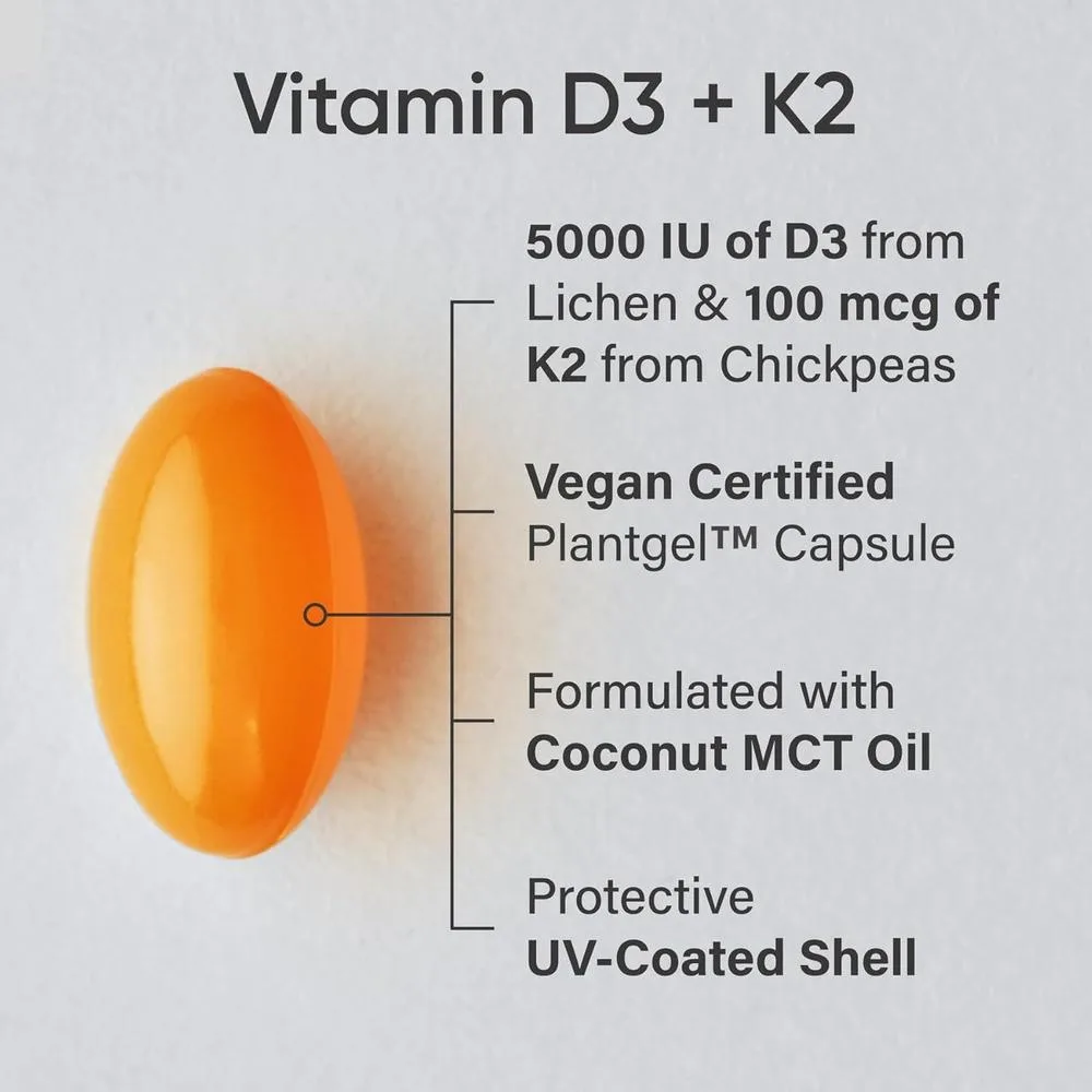 Suplemento Vegano de Vitamina D3 y K2 con Aceite de Coco Orgánico para Huesos Fuertes y Salud Inmunológica
