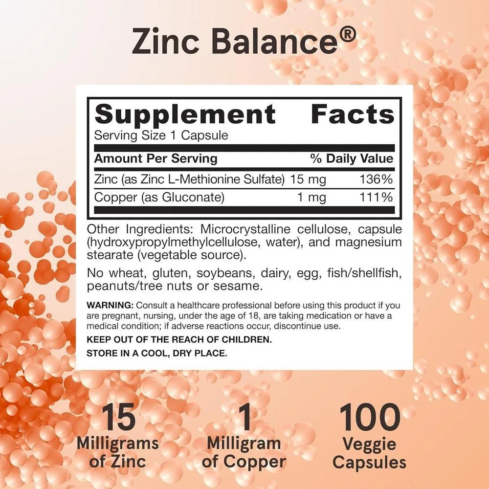 Suplemento Balance de Zinc Jarrow Formulas, con cobre para refuerzo inmunológico, 100 cápsulas, vegano y libre de alérgenos