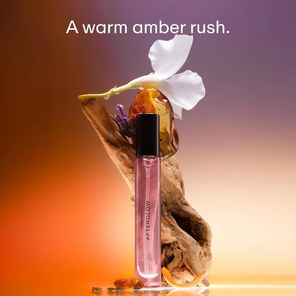 PHLUR Afterglow Perfume unisex con aroma de ámbar cálido y vainilla, notas cítricas y maderas de cachemira