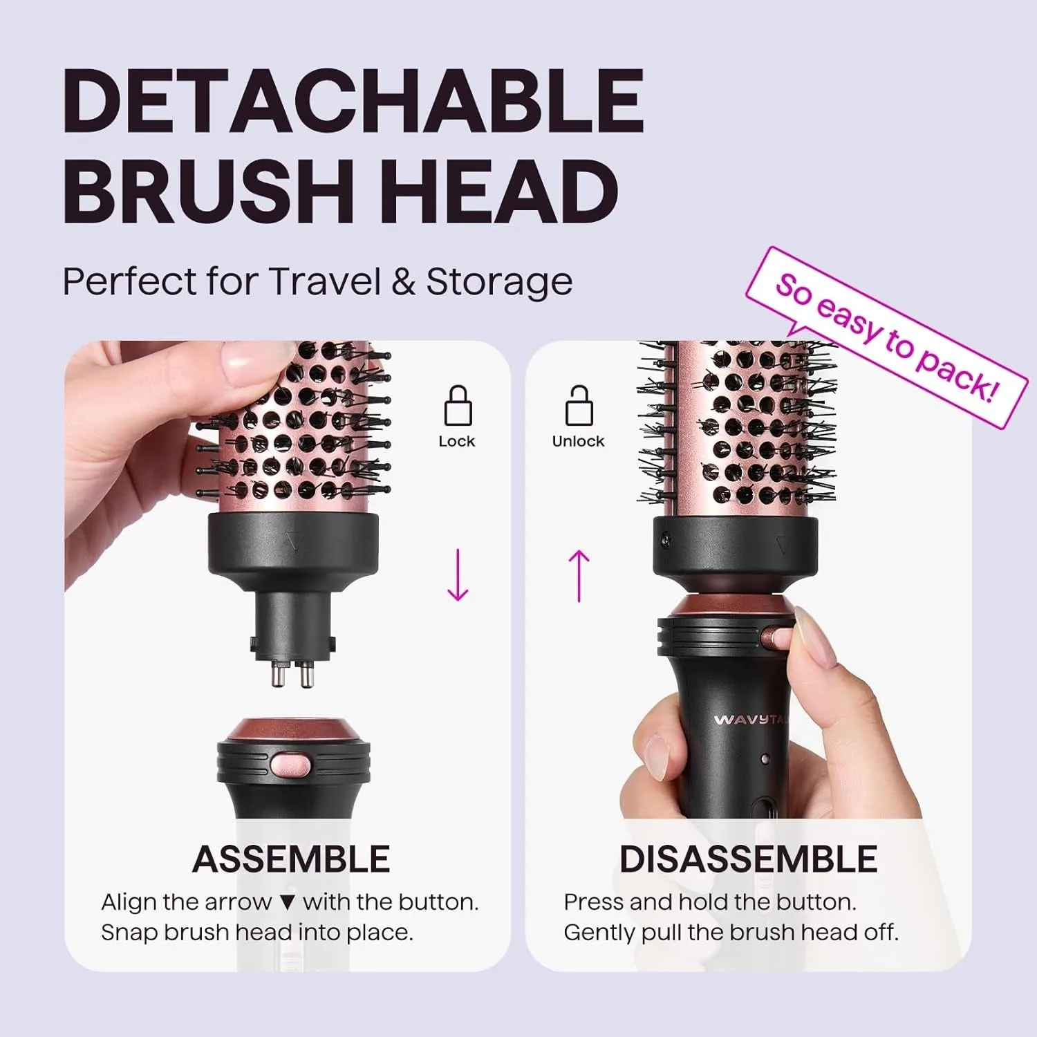 Wavytalk Cepillo Térmico, Cepillo Redondo Calentado de 1 1/2 Pulgadas con Cabeza Desmontable, Bolsa de Terciopelo y Doble Voltaje para Viajes, Fácil de Crear Look de Peina