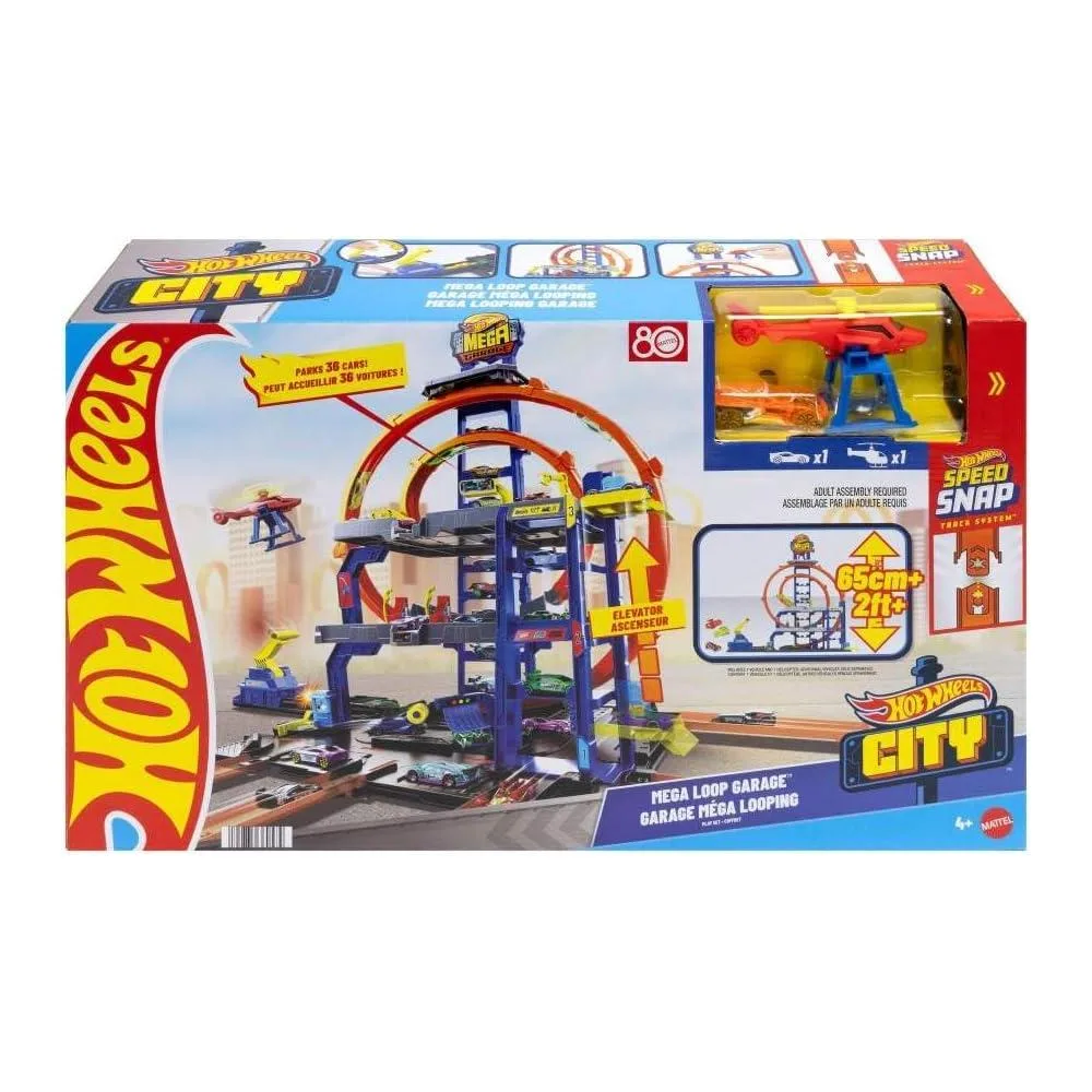 Set de pista Hot Wheels con coche, helicóptero, loops, almacenamiento para vehículos, adaptadores de velocidad, Mega Loop Garage
