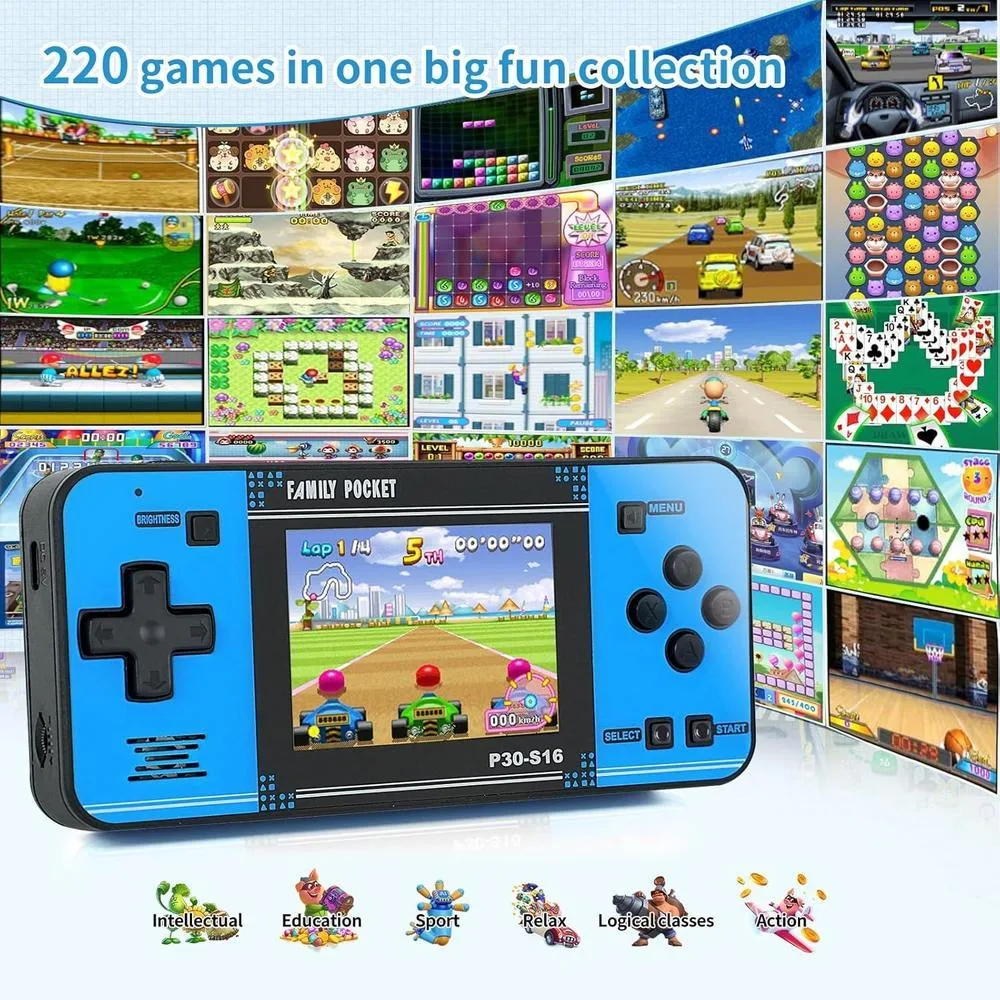 Juego de mano para niños con 220 videojuegos retro precargados, reproductor portátil con batería recargable y pantalla LCD