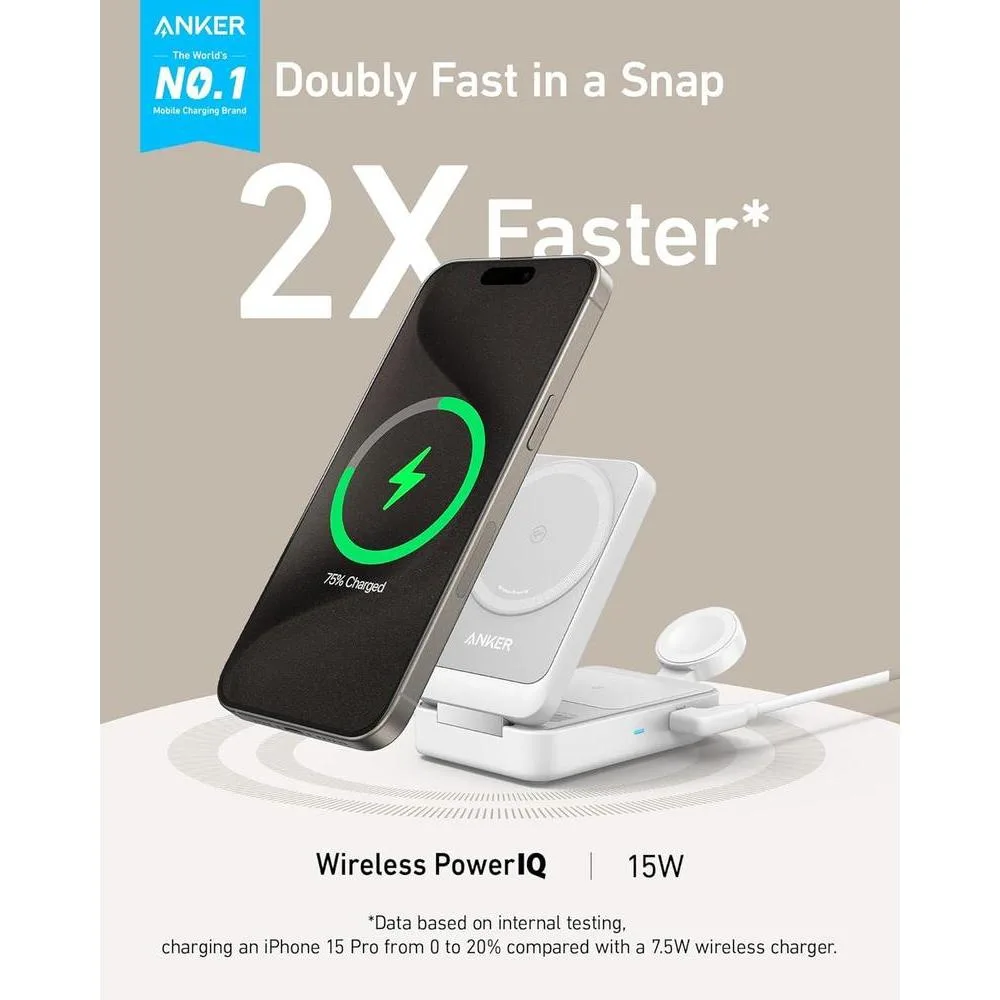 Anker MagGo Estación de Carga Inalámbrica 3 en 1 para iPhone, compatible con MagSafe, cargador plegable 15W Qi2, AirPods, Apple Watch