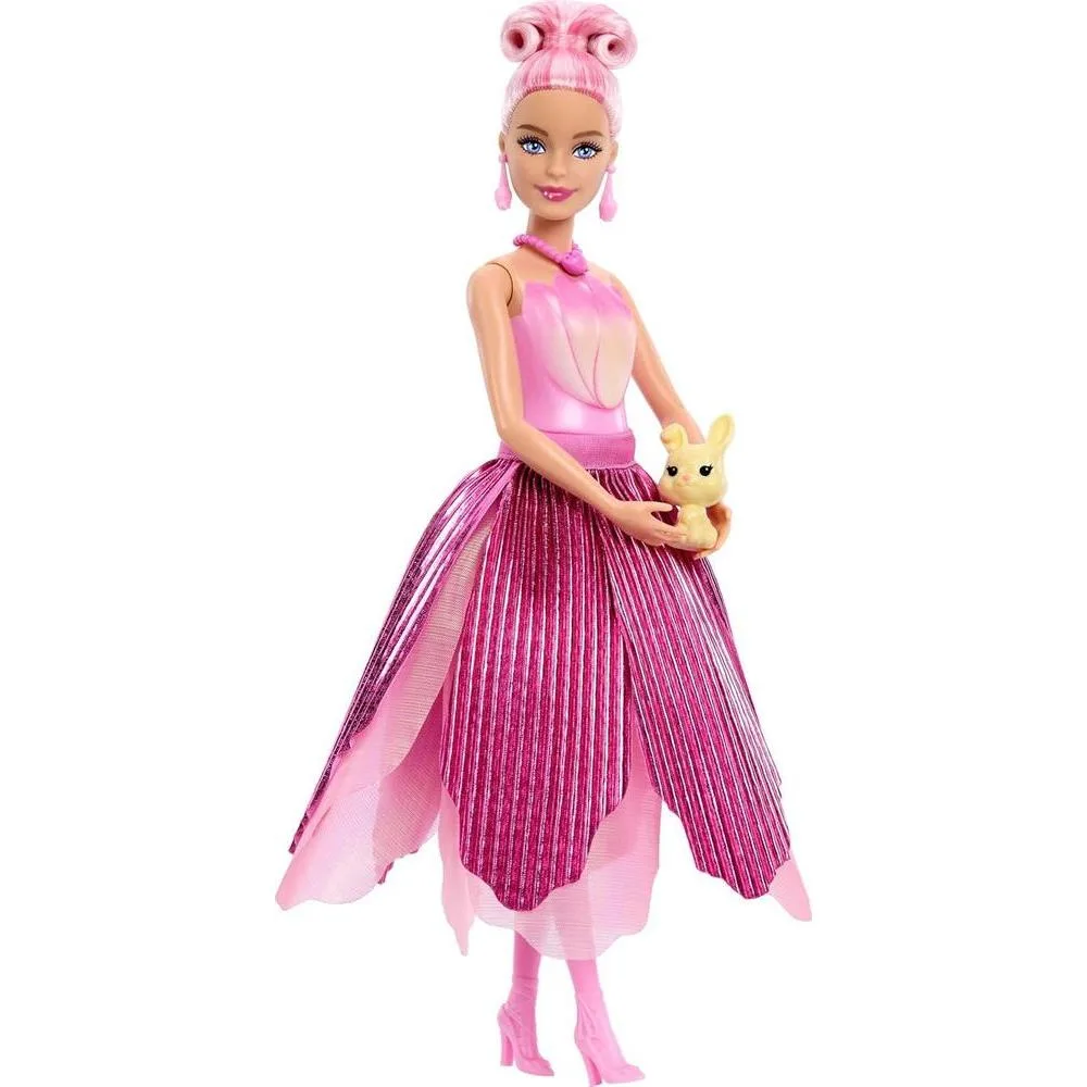 Muñeca Barbie Petal Pop con accesorio sorpresa y fragancia floral, revela bouquet con conejo y más sorpresas