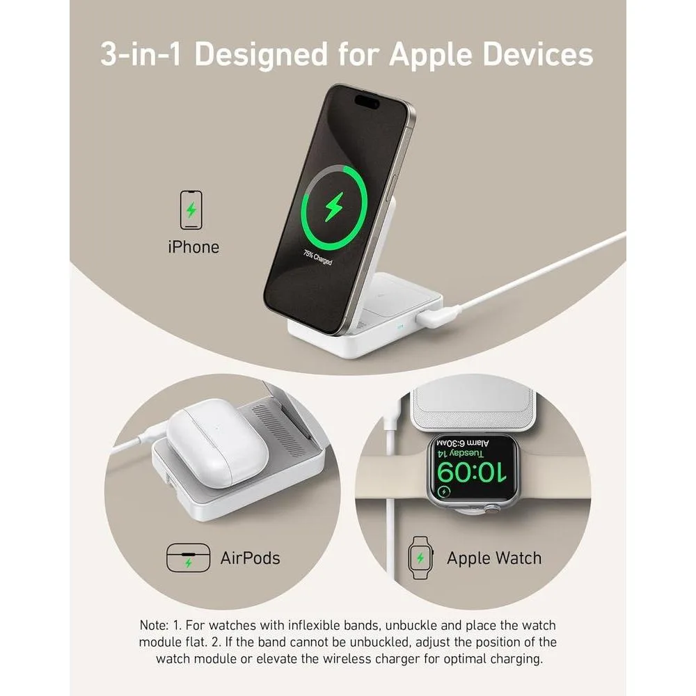 Anker MagGo Estación de Carga Inalámbrica 3 en 1 para iPhone, compatible con MagSafe, cargador plegable 15W Qi2, AirPods, Apple Watch