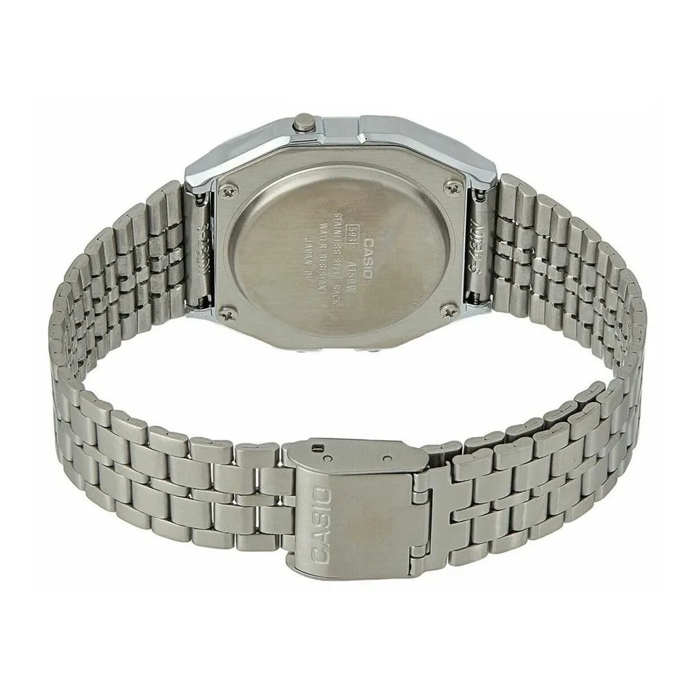 Reloj digital clásico Casio A159W-N1DF con brazalete metálico y cierre plegable, ideal para el uso diario, diseño atemporal