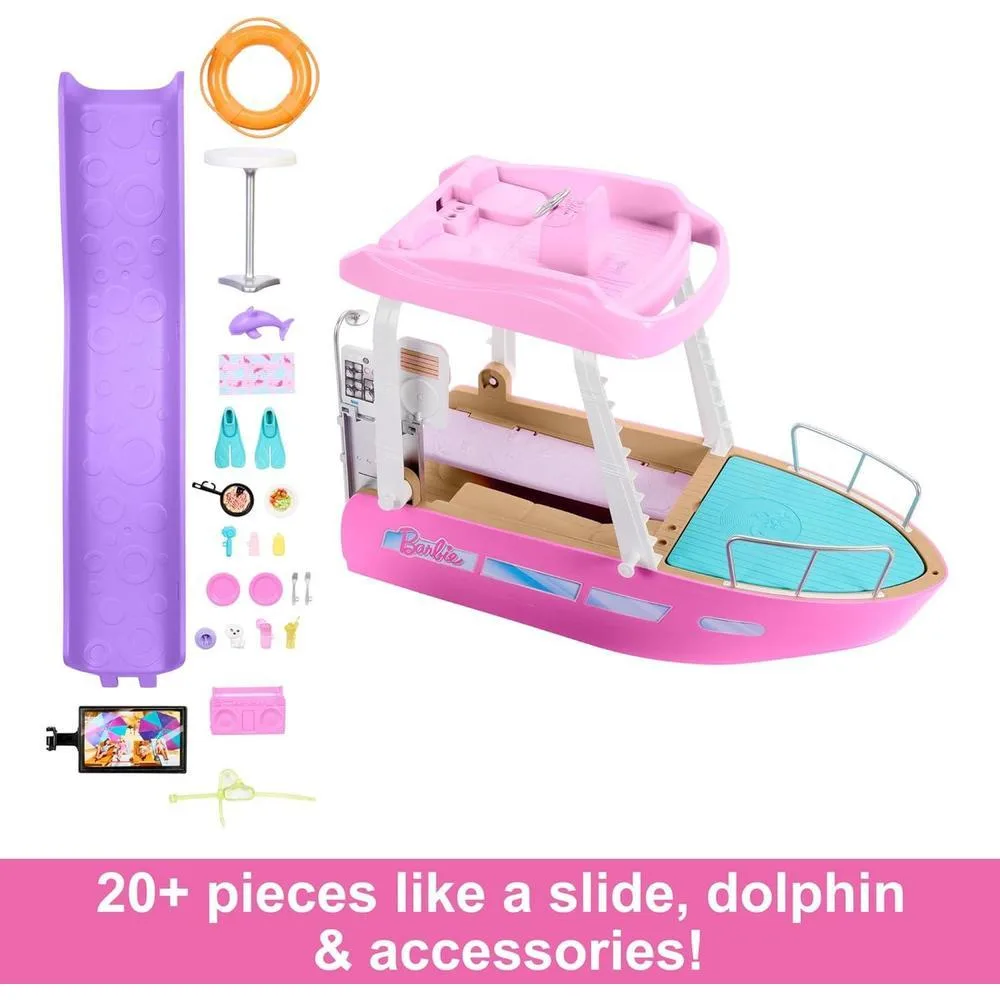 Barbie Dream Boat Playset con más de 20 accesorios temáticos oceánicos incluye tobogán, piscina y delfín