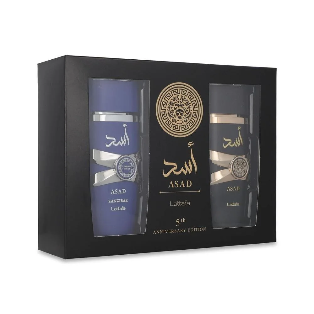 Lattafa Asad Edición 5º Aniversario - Picante, Amadeirado, Ámbar, Dulce - Set de Regalo de Eau de Parfum para Hombre