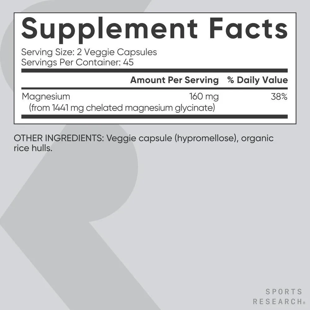 Sports Research Glicinato de magnesio, apoya el sueño y procesos enzimáticos, magnesio quelatado, cápsula vegana