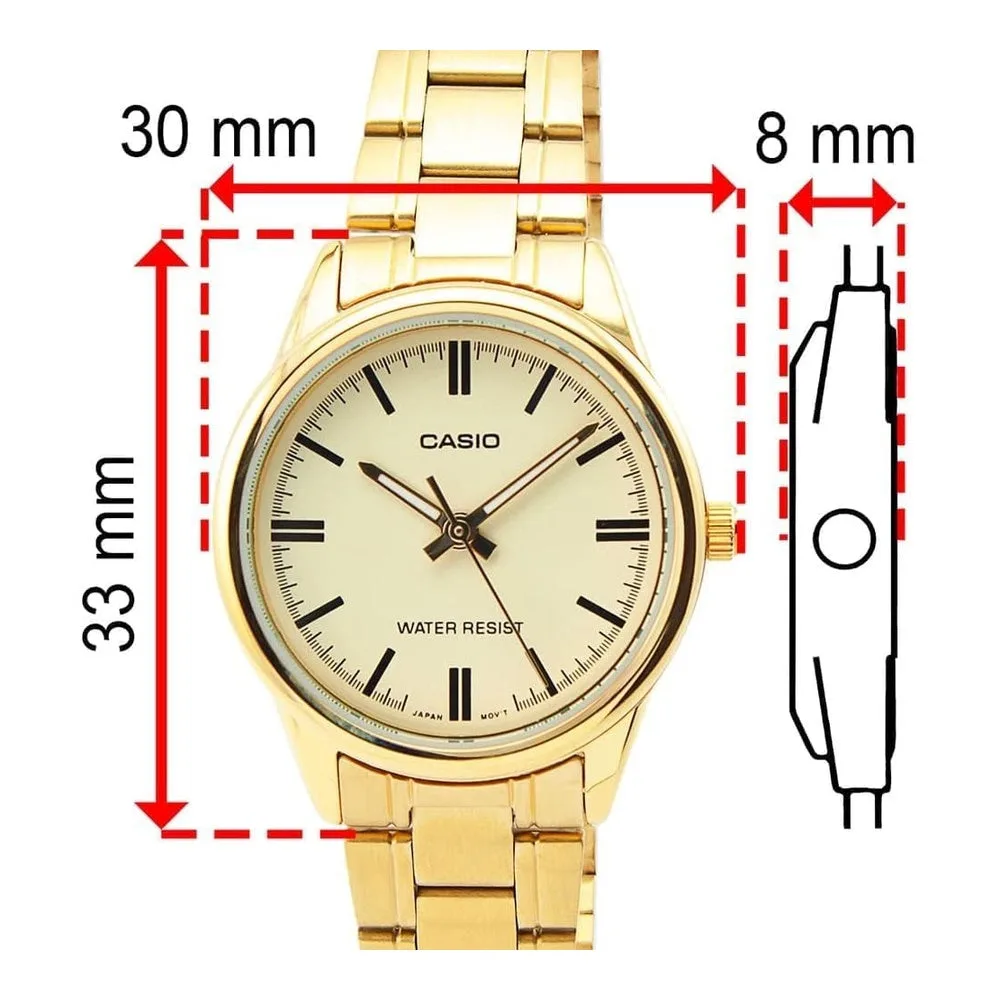 Reloj analógico Casio para mujer, diseño dorado en acero inoxidable con precisión y estilo