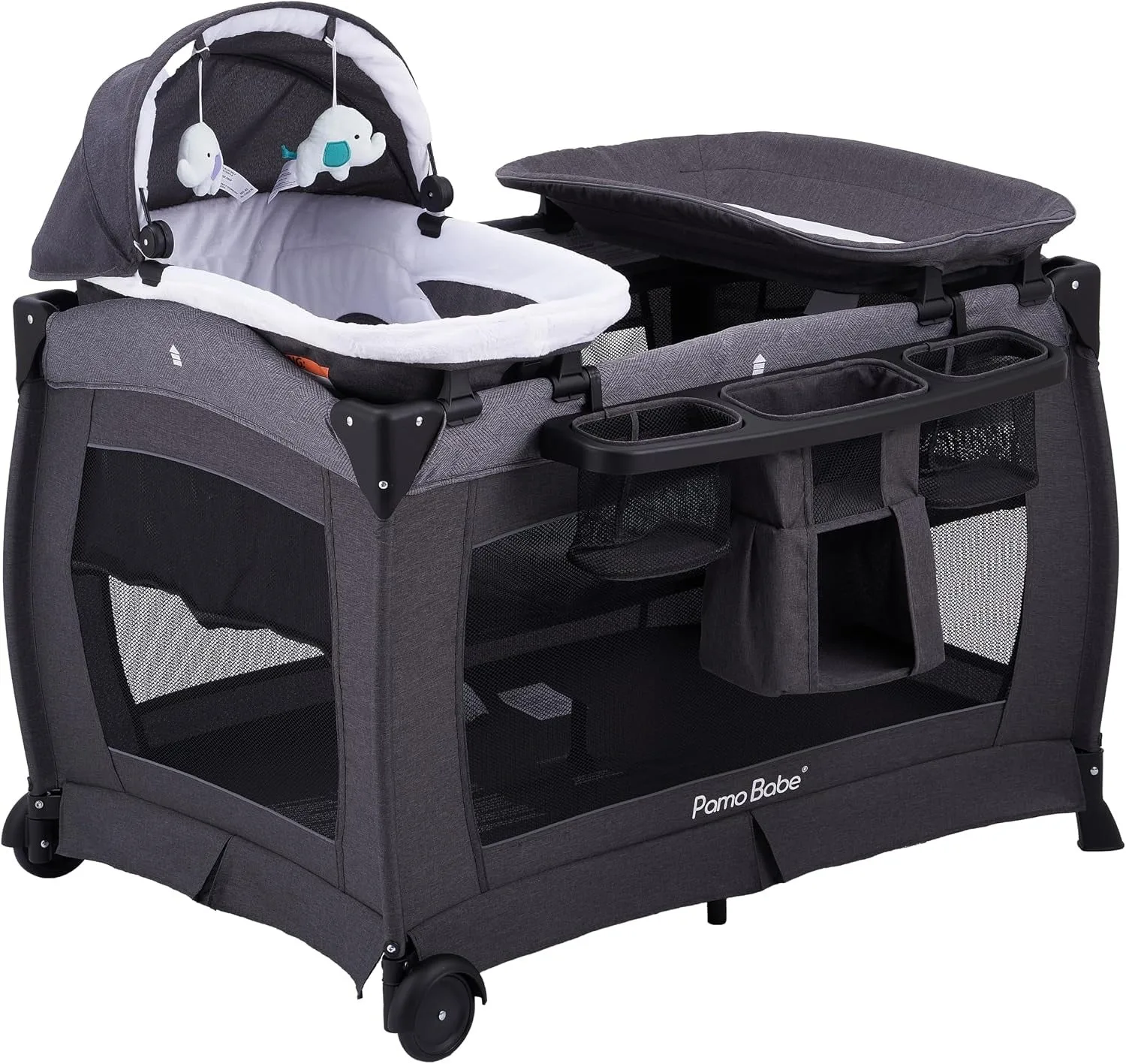 Pamo Babe Pack and Play 4-in-1 Baby Playard with Bassinet & Changing Table, Foldable Portable Playpen with Mattress, Travel Crib for Newborn to Toddler 0-36M-Black
